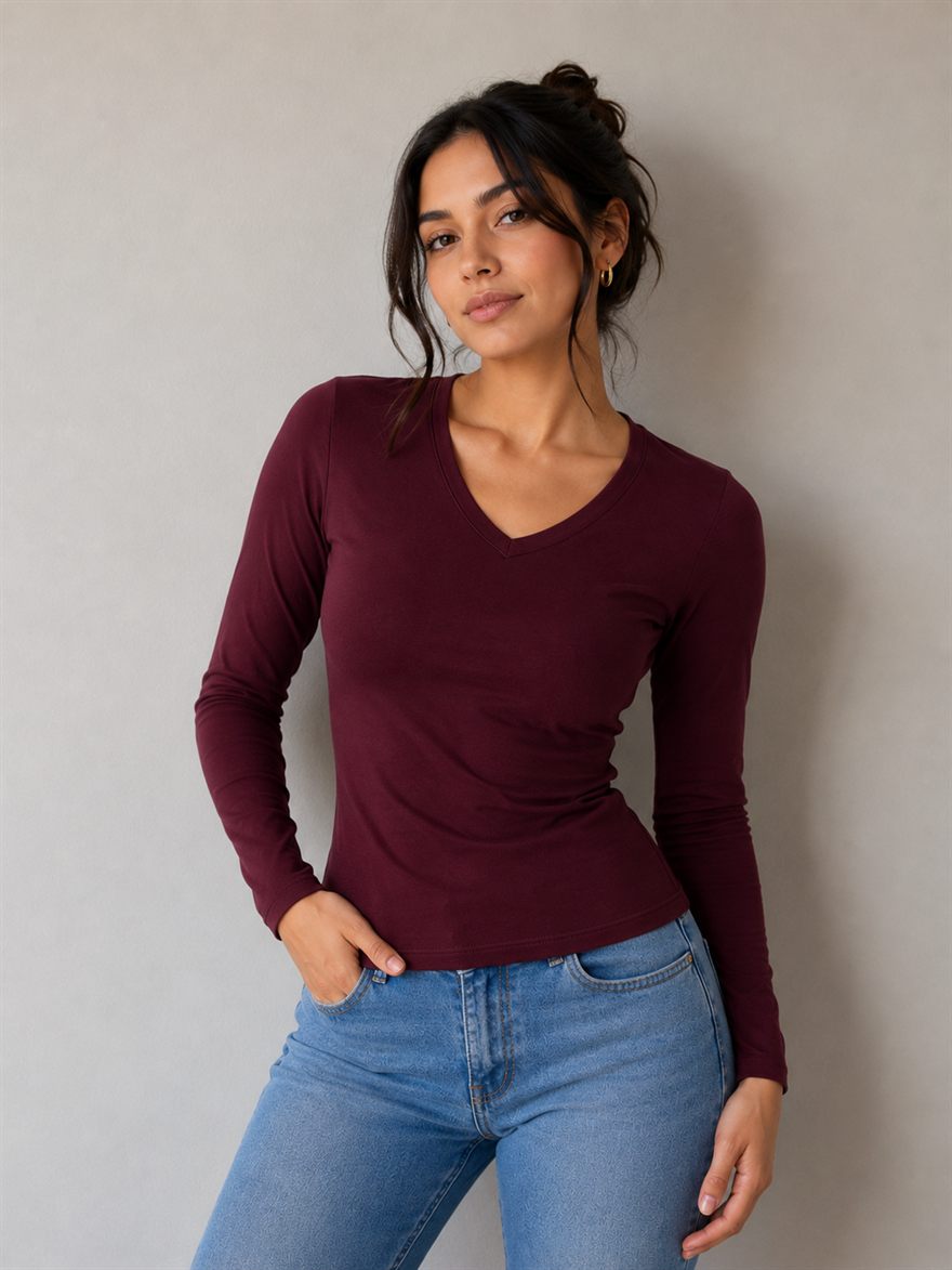 Manga larga escote V vino — EzModa